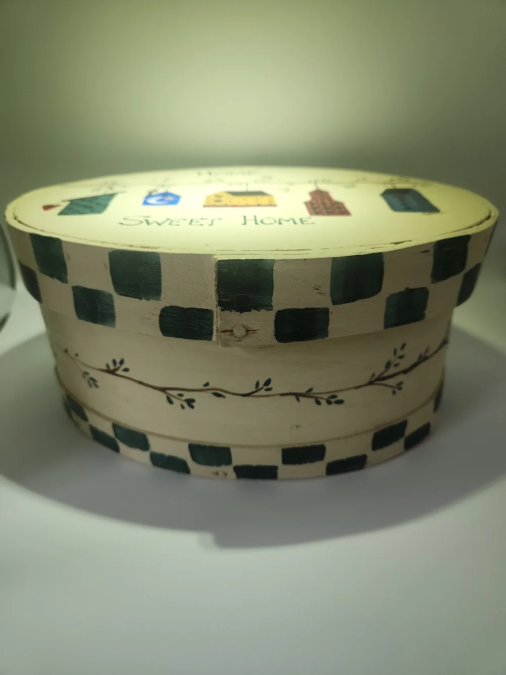 Sweet Home Hand-Painted Oval Trinket Box - Cream with Multicolor Houses9x5